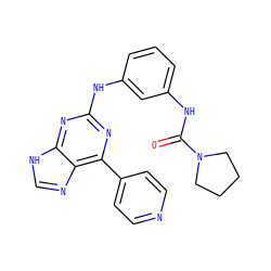 O=C(Nc1cccc(Nc2nc(-c3ccncc3)c3nc[nH]c3n2)c1)N1CCCC1 ZINC000084632353