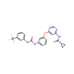 O=C(Nc1cccc(Oc2cc(NC(=O)C3CC3)ncn2)c1)Nc1cccc(C(F)(F)F)c1 ZINC001772642491