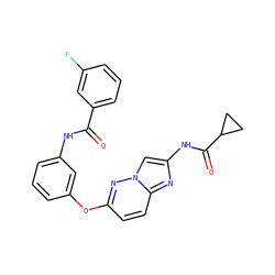 O=C(Nc1cccc(Oc2ccc3nc(NC(=O)C4CC4)cn3n2)c1)c1cccc(F)c1 ZINC000095602536