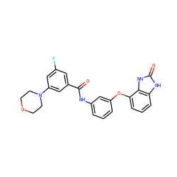 O=C(Nc1cccc(Oc2cccc3[nH]c(=O)[nH]c23)c1)c1cc(F)cc(N2CCOCC2)c1 ZINC000045349221