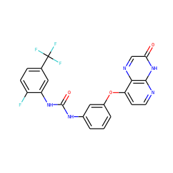 O=C(Nc1cccc(Oc2ccnc3[nH]c(=O)cnc23)c1)Nc1cc(C(F)(F)F)ccc1F ZINC000058575169