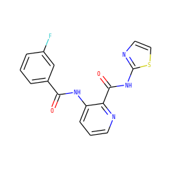 O=C(Nc1cccnc1C(=O)Nc1nccs1)c1cccc(F)c1 ZINC000013521884