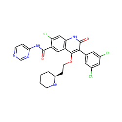 O=C(Nc1ccncn1)c1cc2c(OCC[C@@H]3CCCCN3)c(-c3cc(Cl)cc(Cl)c3)c(=O)[nH]c2cc1Cl ZINC000029413358