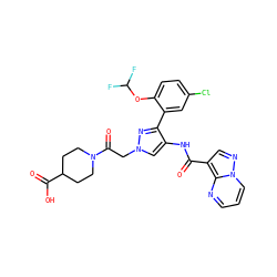 O=C(Nc1cn(CC(=O)N2CCC(C(=O)O)CC2)nc1-c1cc(Cl)ccc1OC(F)F)c1cnn2cccnc12 ZINC001772637993
