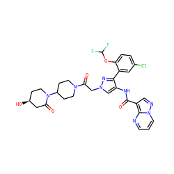 O=C(Nc1cn(CC(=O)N2CCC(N3CC[C@H](O)CC3=O)CC2)nc1-c1cc(Cl)ccc1OC(F)F)c1cnn2cccnc12 ZINC001772657971