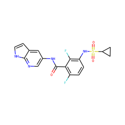 O=C(Nc1cnc2[nH]ccc2c1)c1c(F)ccc(NS(=O)(=O)C2CC2)c1F ZINC000043207318