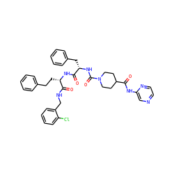 O=C(Nc1cnccn1)C1CCN(C(=O)N[C@@H](Cc2ccccc2)C(=O)N[C@@H](CCc2ccccc2)C(=O)NCc2ccccc2Cl)CC1 ZINC001772615333