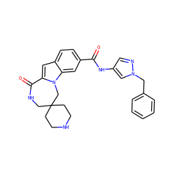 O=C(Nc1cnn(Cc2ccccc2)c1)c1ccc2cc3n(c2c1)CC1(CCNCC1)CNC3=O ZINC000218272148