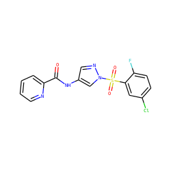 O=C(Nc1cnn(S(=O)(=O)c2cc(Cl)ccc2F)c1)c1ccccn1 ZINC000116775440