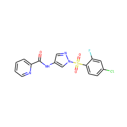 O=C(Nc1cnn(S(=O)(=O)c2ccc(Cl)cc2F)c1)c1ccccn1 ZINC000116782010