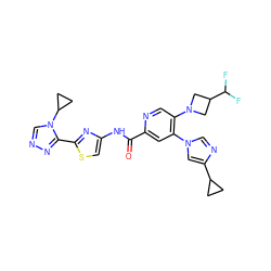 O=C(Nc1csc(-c2nncn2C2CC2)n1)c1cc(-n2cnc(C3CC3)c2)c(N2CC(C(F)F)C2)cn1 ZINC001772571239
