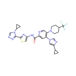 O=C(Nc1csc(-c2nncn2C2CC2)n1)c1cc(-n2cnc(C3CC3)c2)c(N2CCC(C(F)(F)F)CC2)cn1 ZINC001772621610