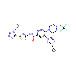 O=C(Nc1csc(-c2nncn2C2CC2)n1)c1cc(-n2cnc(C3CC3)c2)c(N2CCN(CC(F)(F)F)CC2)cn1 ZINC001772633731