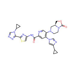 O=C(Nc1csc(-c2nncn2C2CC2)n1)c1cc(-n2cnc(C3CC3)c2)c(N2CCN3C(=O)OC[C@@H]3C2)cn1 ZINC001772648262