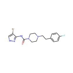 O=C(Nc1n[nH]cc1Br)N1CCN(CCc2ccc(F)cc2)CC1 ZINC000058581149