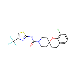 O=C(Nc1nc(C(F)(F)F)cs1)N1CCC2(CCc3cccc(Cl)c3O2)CC1 ZINC000096286123