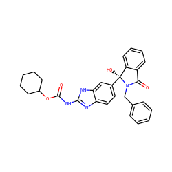 O=C(Nc1nc2ccc([C@@]3(O)c4ccccc4C(=O)N3Cc3ccccc3)cc2[nH]1)OC1CCCCC1 ZINC000223375344