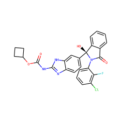 O=C(Nc1nc2ccc([C@]3(O)c4ccccc4C(=O)N3c3cccc(Cl)c3F)cc2[nH]1)OC1CCC1 ZINC000226252171