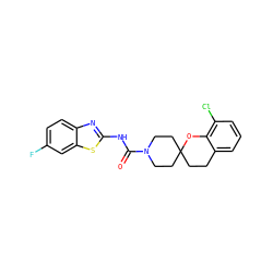 O=C(Nc1nc2ccc(F)cc2s1)N1CCC2(CCc3cccc(Cl)c3O2)CC1 ZINC000096286122