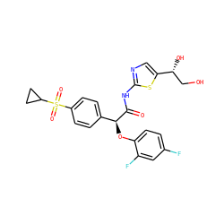O=C(Nc1ncc([C@H](O)CO)s1)[C@@H](Oc1ccc(F)cc1F)c1ccc(S(=O)(=O)C2CC2)cc1 ZINC000220906155