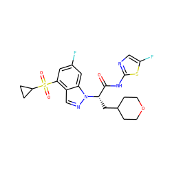 O=C(Nc1ncc(F)s1)[C@H](CC1CCOCC1)n1ncc2c(S(=O)(=O)C3CC3)cc(F)cc21 ZINC000149386607