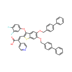 O=C(O)/C(=C/c1sc2cc(OCc3ccc(-c4ccccc4)cc3)c(OCc3ccc(-c4ccccc4)cc3)cc2c1Oc1ccc(F)c(F)c1)c1ccncc1 ZINC000095541687