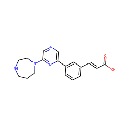O=C(O)/C=C/c1cccc(-c2cncc(N3CCCNCC3)n2)c1 ZINC000040846719