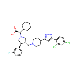O=C(O)[C@@H](C1CCCCC1)N1C[C@H](CN2CCC(c3cc(-c4ccc(Cl)cc4Cl)[nH]n3)CC2)[C@@H](c2cccc(F)c2)C1 ZINC000028006751
