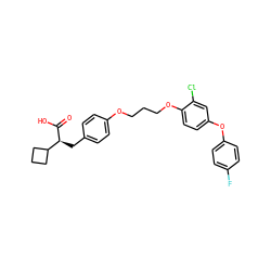 O=C(O)[C@@H](Cc1ccc(OCCCOc2ccc(Oc3ccc(F)cc3)cc2Cl)cc1)C1CCC1 ZINC000028571391
