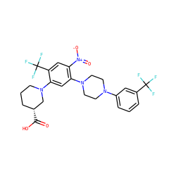 O=C(O)[C@@H]1CCCN(c2cc(N3CCN(c4cccc(C(F)(F)F)c4)CC3)c([N+](=O)[O-])cc2C(F)(F)F)C1 ZINC000027879705