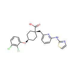 O=C(O)[C@]1(Cc2cccc(Nc3nccs3)n2)CC[C@@H](Oc2cccc(Cl)c2Cl)CC1 ZINC001772624422