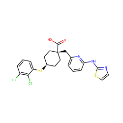O=C(O)[C@]1(Cc2cccc(Nc3nccs3)n2)CC[C@@H](Sc2cccc(Cl)c2Cl)CC1 ZINC001772598383