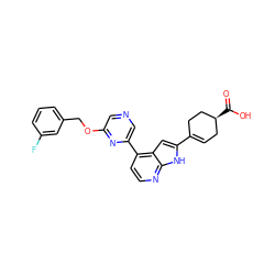 O=C(O)[C@H]1CC=C(c2cc3c(-c4cncc(OCc5cccc(F)c5)n4)ccnc3[nH]2)CC1 ZINC000220287200