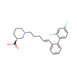 O=C(O)[C@H]1CCCN(CCC/C=C/c2ccccc2-c2ccc(F)cc2Cl)C1 ZINC000095596516