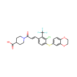 O=C(O)C1CCN(C(=O)/C=C/c2ccc(Sc3ccc4c(c3)OCCO4)c(Cl)c2C(F)(F)F)CC1 ZINC000027518490