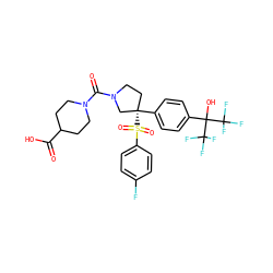 O=C(O)C1CCN(C(=O)N2CC[C@](c3ccc(C(O)(C(F)(F)F)C(F)(F)F)cc3)(S(=O)(=O)c3ccc(F)cc3)C2)CC1 ZINC001772606258