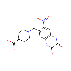 O=C(O)C1CCN(Cc2cc3[nH]c(=O)c(=O)[nH]c3cc2[N+](=O)[O-])CC1 ZINC000027747262