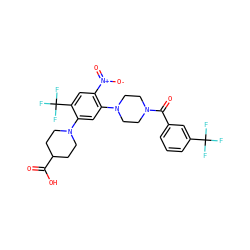 O=C(O)C1CCN(c2cc(N3CCN(C(=O)c4cccc(C(F)(F)F)c4)CC3)c([N+](=O)[O-])cc2C(F)(F)F)CC1 ZINC000027862576