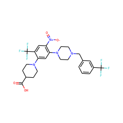 O=C(O)C1CCN(c2cc(N3CCN(Cc4cccc(C(F)(F)F)c4)CC3)c([N+](=O)[O-])cc2C(F)(F)F)CC1 ZINC000027869265