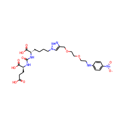 O=C(O)CC[C@H](NC(=O)N[C@@H](CCCCn1cc(COCCOCCNc2ccc([N+](=O)[O-])cc2)nn1)C(=O)O)C(=O)O ZINC000114096624