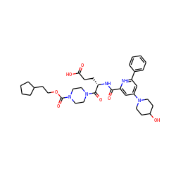 O=C(O)CC[C@H](NC(=O)c1cc(N2CCC(O)CC2)cc(-c2ccccc2)n1)C(=O)N1CCN(C(=O)OCCC2CCCC2)CC1 ZINC000042967358