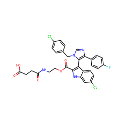 O=C(O)CCC(=O)NCCOC(=O)c1[nH]c2cc(Cl)ccc2c1-c1c(-c2ccc(F)cc2)ncn1Cc1ccc(Cl)cc1 ZINC001772648030