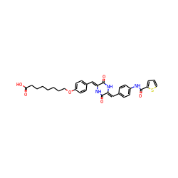 O=C(O)CCCCCCCOc1ccc(/C=c2\[nH]c(=O)/c(=C/c3ccc(NC(=O)c4cccs4)cc3)[nH]c2=O)cc1 ZINC000003964377