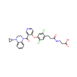 O=C(O)CCNC(=O)CCc1cc(Cl)c(Oc2ccncc2C(=O)N2CCN(C3CC3)c3ccccc32)cc1Cl ZINC000208004220
