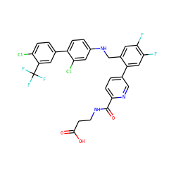 O=C(O)CCNC(=O)c1ccc(-c2cc(F)c(F)cc2CNc2ccc(-c3ccc(Cl)c(C(F)(F)F)c3)c(Cl)c2)cn1 ZINC000169702707