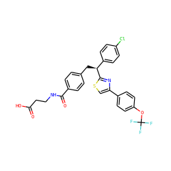 O=C(O)CCNC(=O)c1ccc(C[C@@H](c2ccc(Cl)cc2)c2nc(-c3ccc(OC(F)(F)F)cc3)cs2)cc1 ZINC000049881691