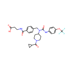 O=C(O)CCNC(=O)c1ccc(CN(C(=O)Nc2ccc(OC(F)(F)F)cc2)C2CCN(C(=O)C3CC3)CC2)cc1 ZINC000060046726