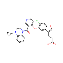 O=C(O)CCc1coc2cc(Cl)c(Oc3ccncc3C(=O)N3CCN(C4CC4)c4ccccc43)cc12 ZINC000169349720
