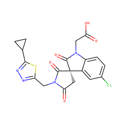 O=C(O)CN1C(=O)[C@@]2(CC(=O)N(Cc3nnc(C4CC4)s3)C2=O)c2cc(Cl)ccc21 ZINC000014976758