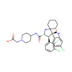 O=C(O)CN1CCC(NC(=O)[C@@H]2NC3(CCCCC3)[C@@]3(C(=O)Nc4cc(Cl)ccc43)[C@H]2c2cccc(Cl)c2F)CC1 ZINC000169700265